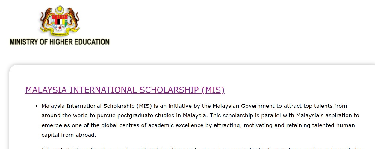 Government of Malaysia International Scholarship (MIS) 2025