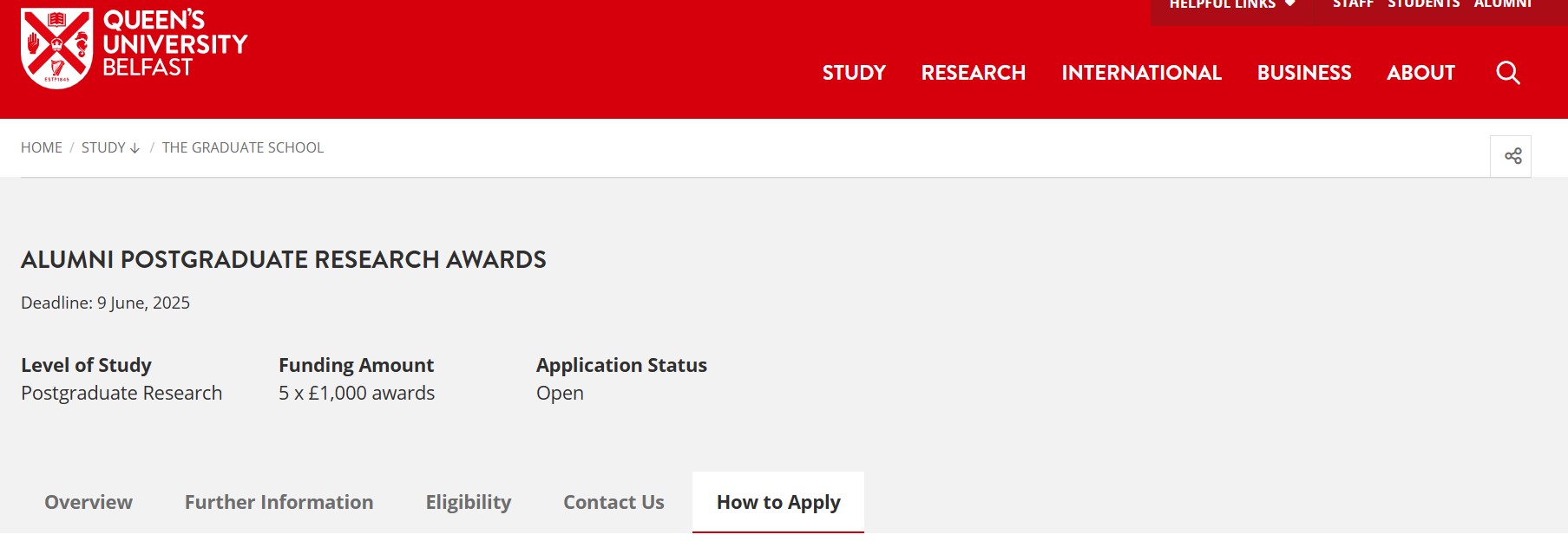 Queen’s University Belfast Alumni Postgraduate Research Awards 2025