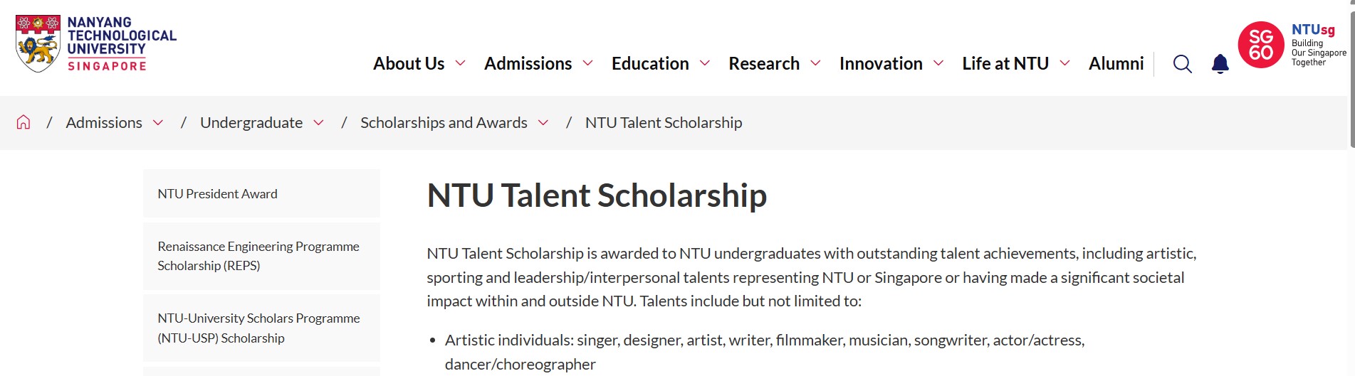 NTU Talent Scholarship 2025 for Undergraduate Students