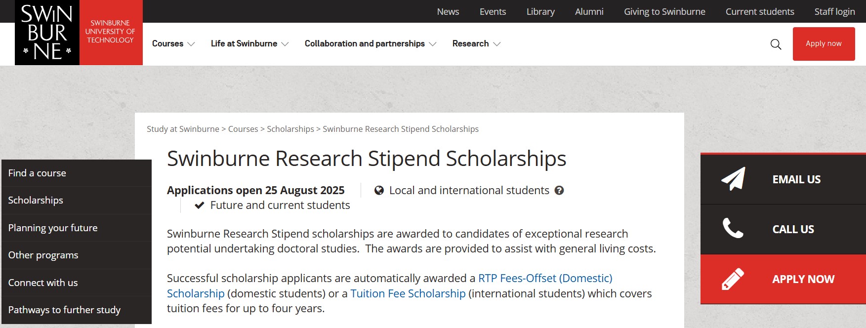 Swinburne Research Stipend Scholarships 2025