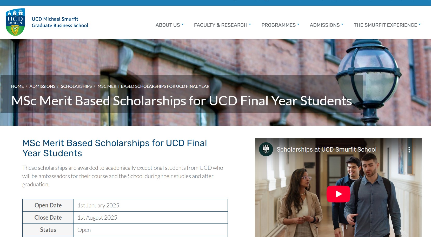 UCD MSc Merit-Based Scholarships 2025 for Final Year Undergraduate Students