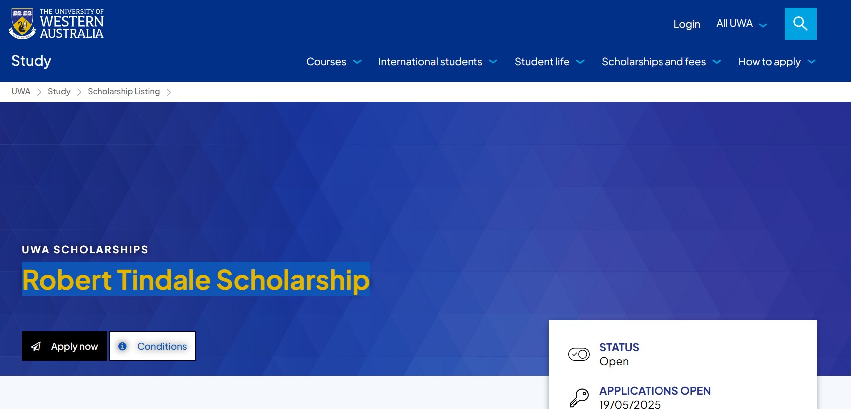 UWA Robert Tindale Scholarship 2025