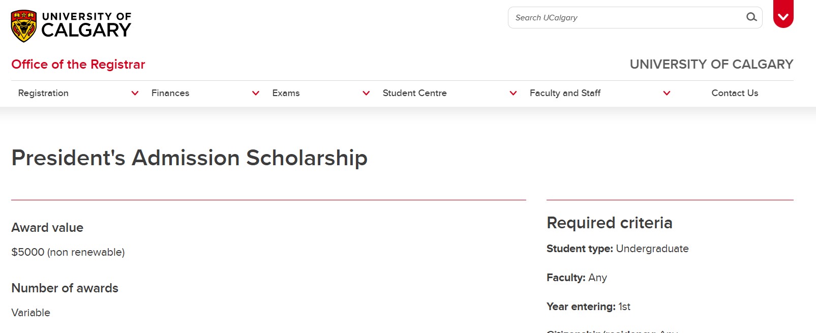 University of Calgary 2025 President's Admission Scholarship