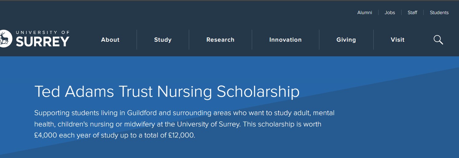 University of Surrey 2025 Ted Adams Trust Nursing Scholarship