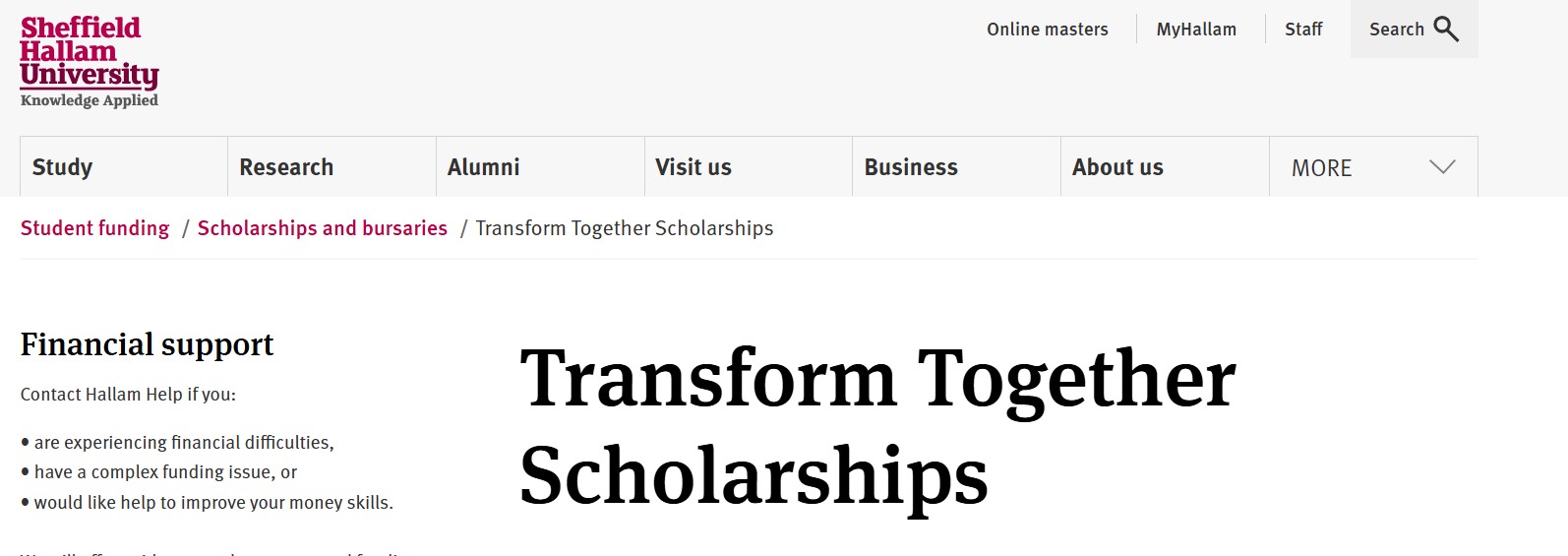 2026 Transform Together Scholarship at Sheffield Hallam University
