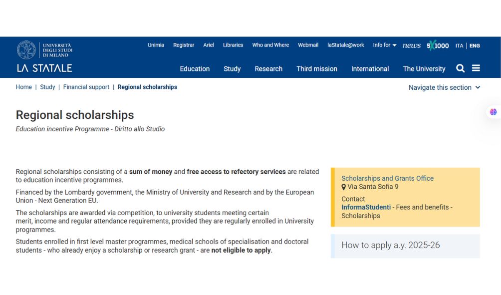 University of Milan DSU Scholarship