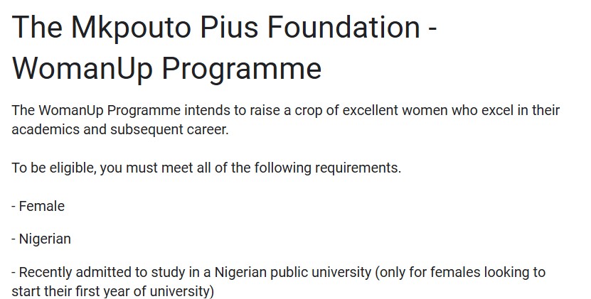Mkpouto Pius Foundation WomanUp Scholarship 2025