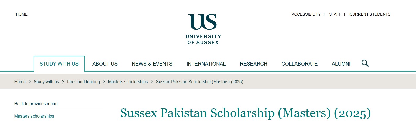 Sussex Pakistan Scholarship (Masters) 2025