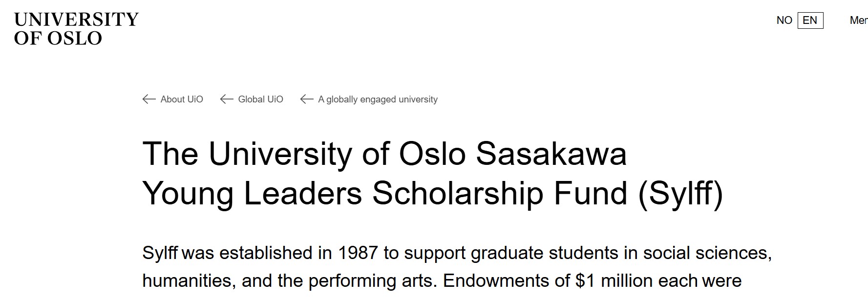 University of Oslo Sasakawa Young Leaders Scholarship Fund (SYLFF) 2025