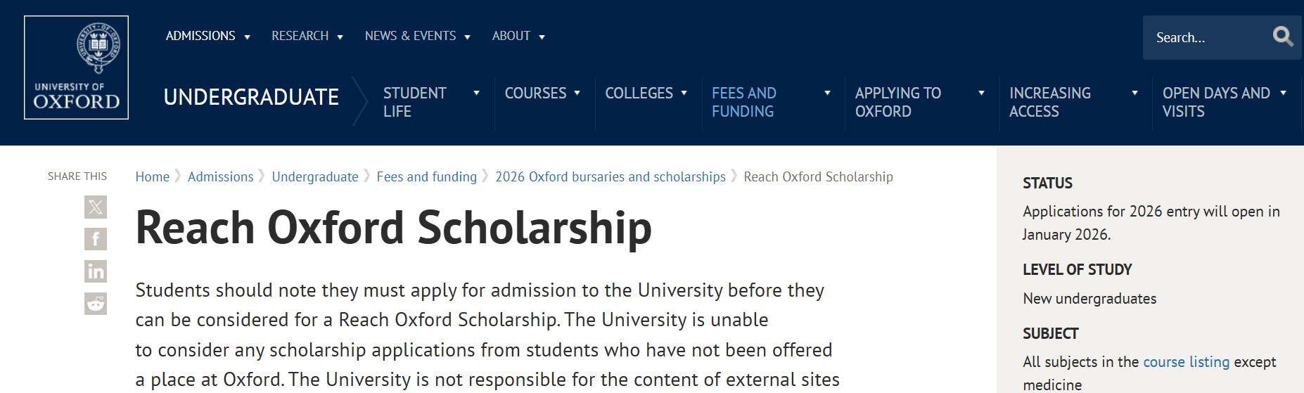 Reach Oxford Scholarship 2026 (UK)
