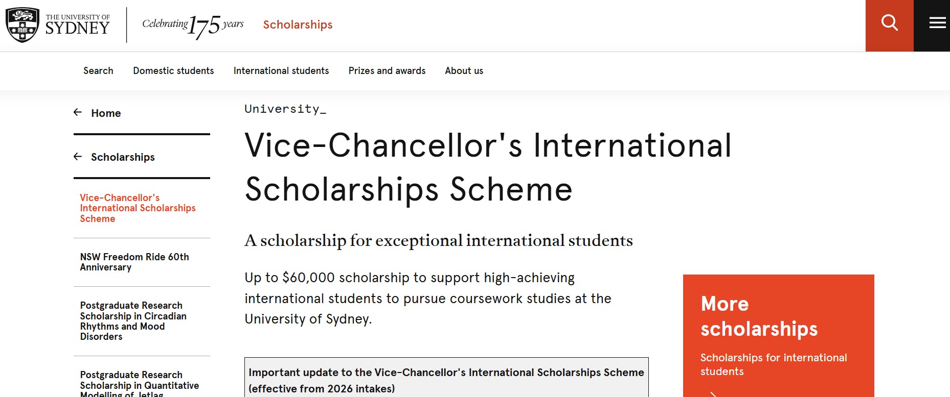 University of Sydney Vice-Chancellor’s International Scholarships Scheme 2026