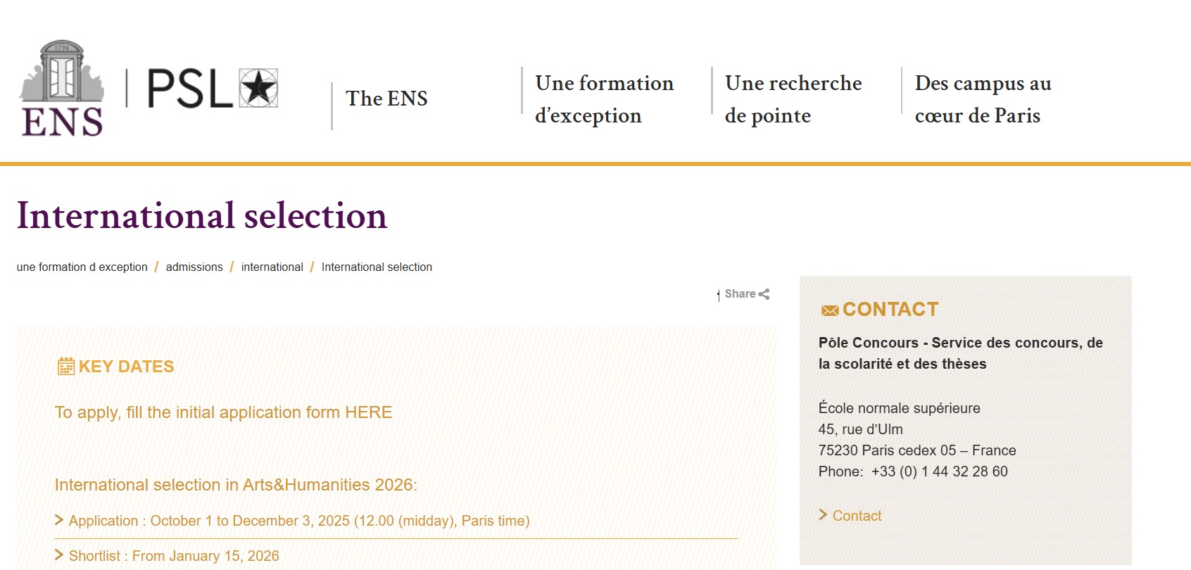 2026 ENS Scholarships in France