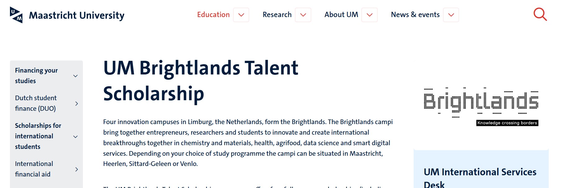 2026 UM Brightlands Talent Scholarship in the Netherlands