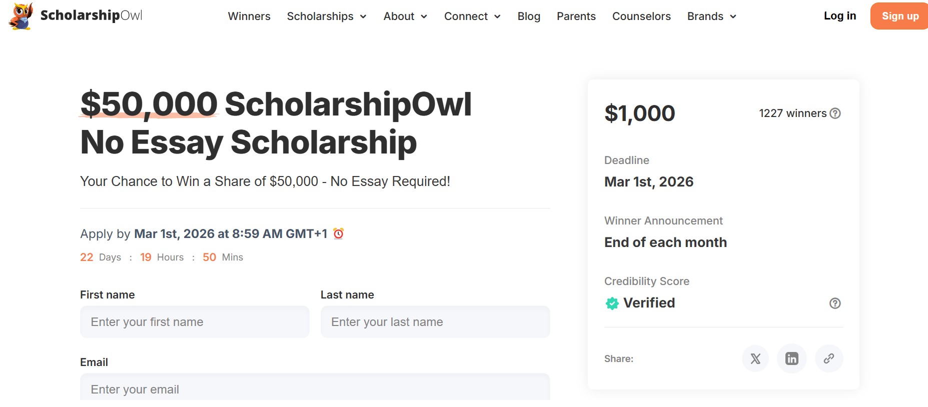 $50,000 ScholarshipOwl No Essay Scholarship 2026