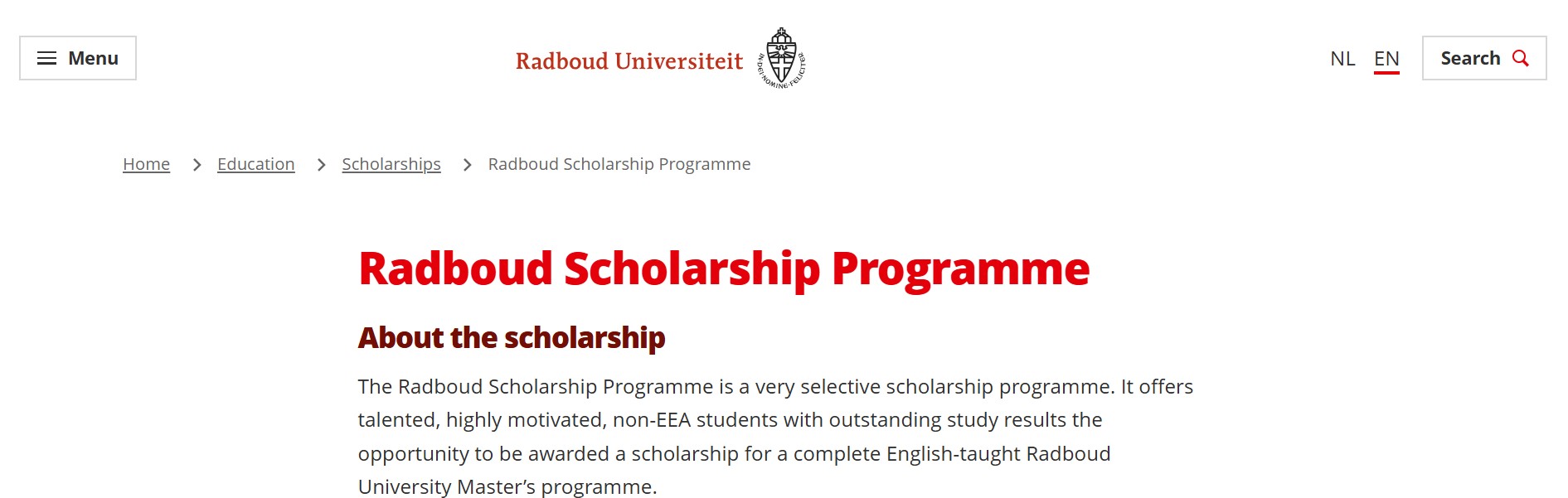 Radboud Scholarship Programme 2026