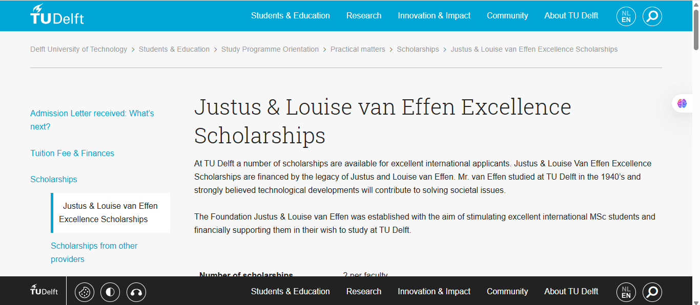 TU Delft Excellence Scholarships 2026
