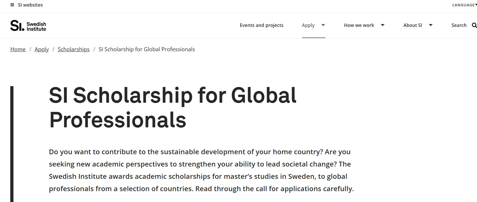 Swedish Institute (SI) Scholarship for Global Professionals 2026