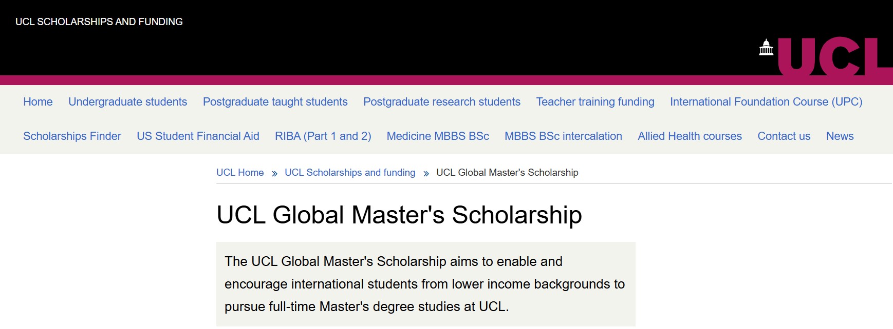 UCL Global Master’s Scholarship 2026