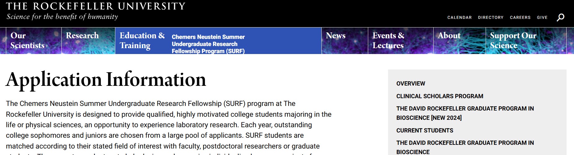 Rockefeller University Summer Fellowship 2026