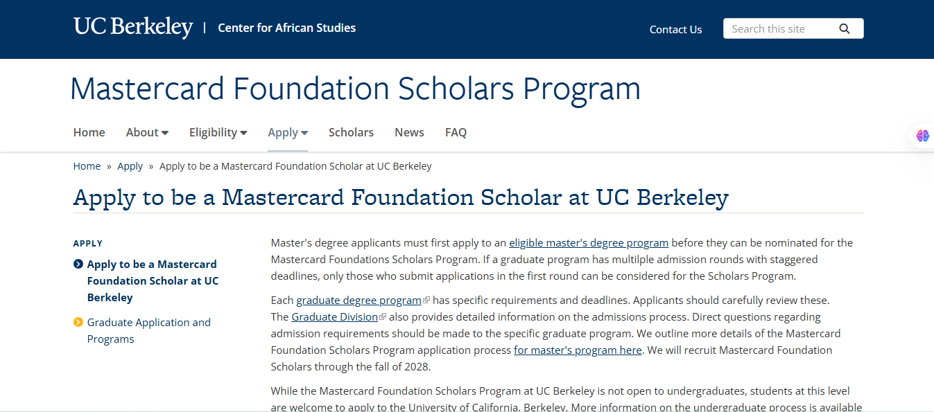 University of California Berkeley MasterCard Foundation Scholars Program