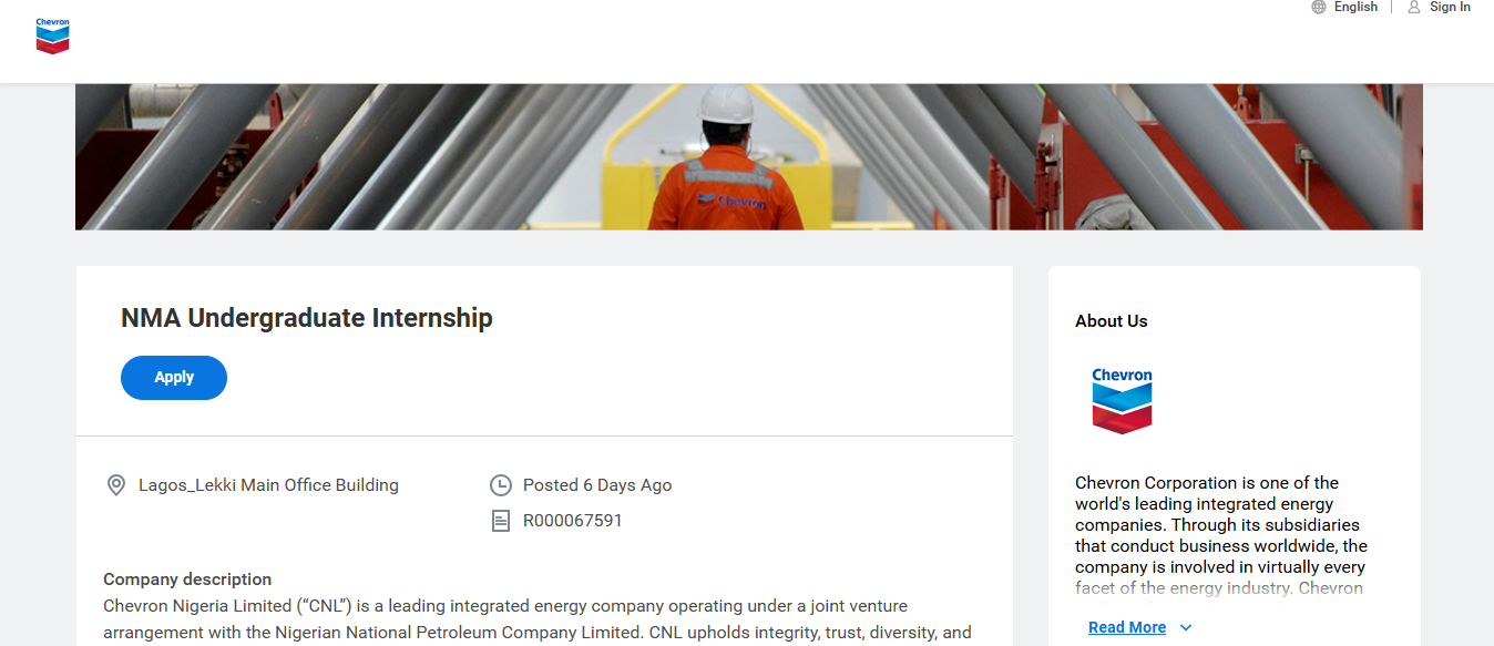 Chevron Nigeria NMA Undergraduate Internship
