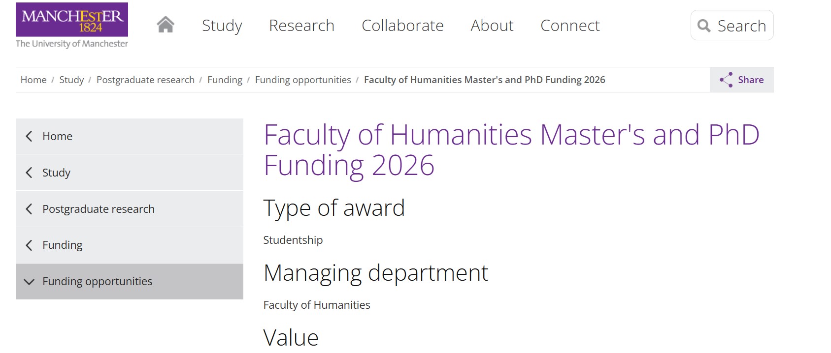 University of Manchester Humanities Scholarship 2026