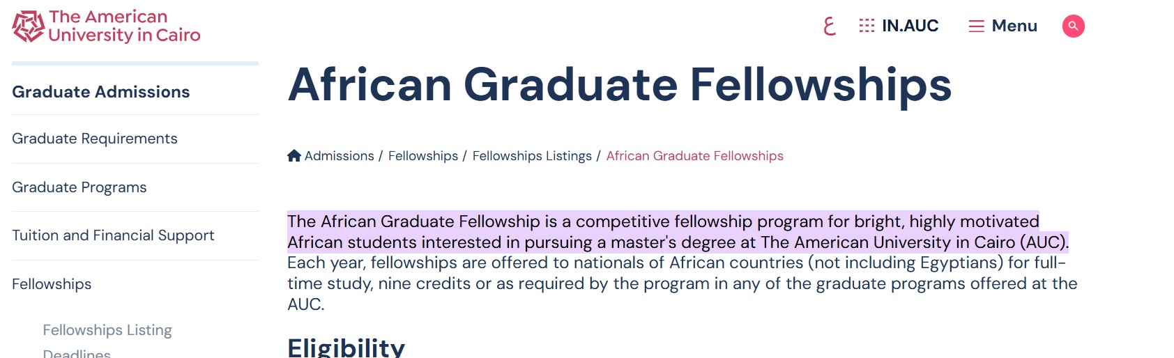 2026 American University in Cairo (AUC) African Graduate Fellowships