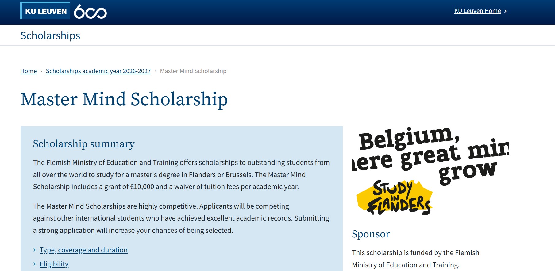 Master Mind KU Leuven Scholarship in Belgium 