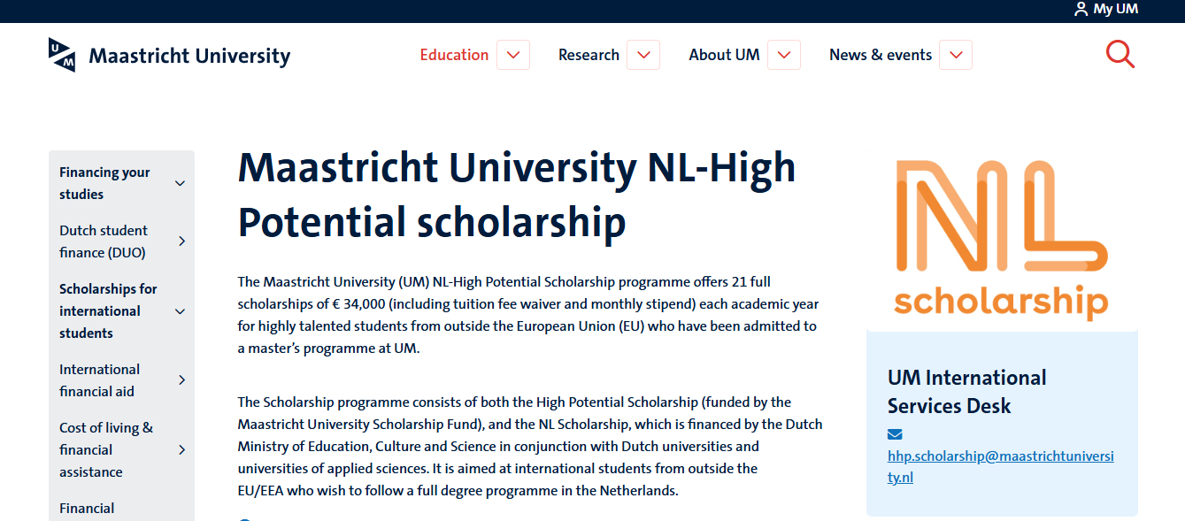 Maastricht University NL-High Potential Scholarship 2026 (Fully Funded) Maastricht University NL-High Potential Scholarship