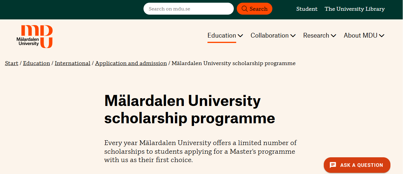 Mälardalen University Scholarship 