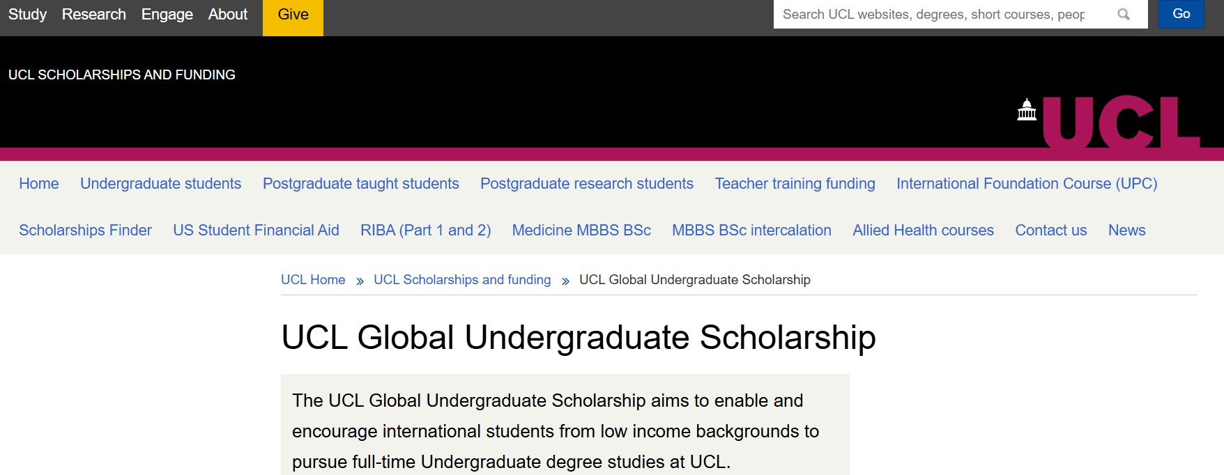 UCL Global Undergraduate Scholarship 2026