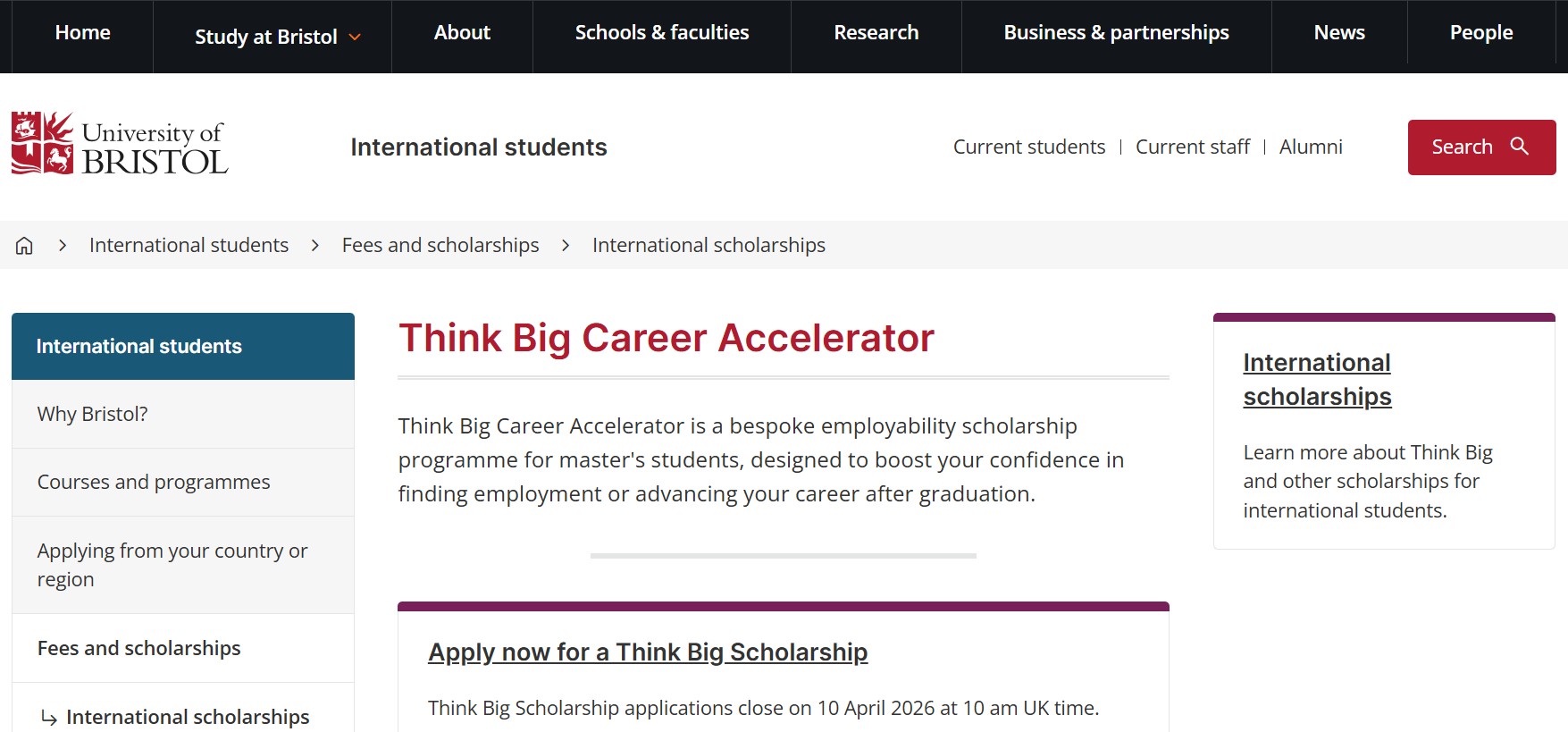 University of Bristol Think Big Scholarship 2026