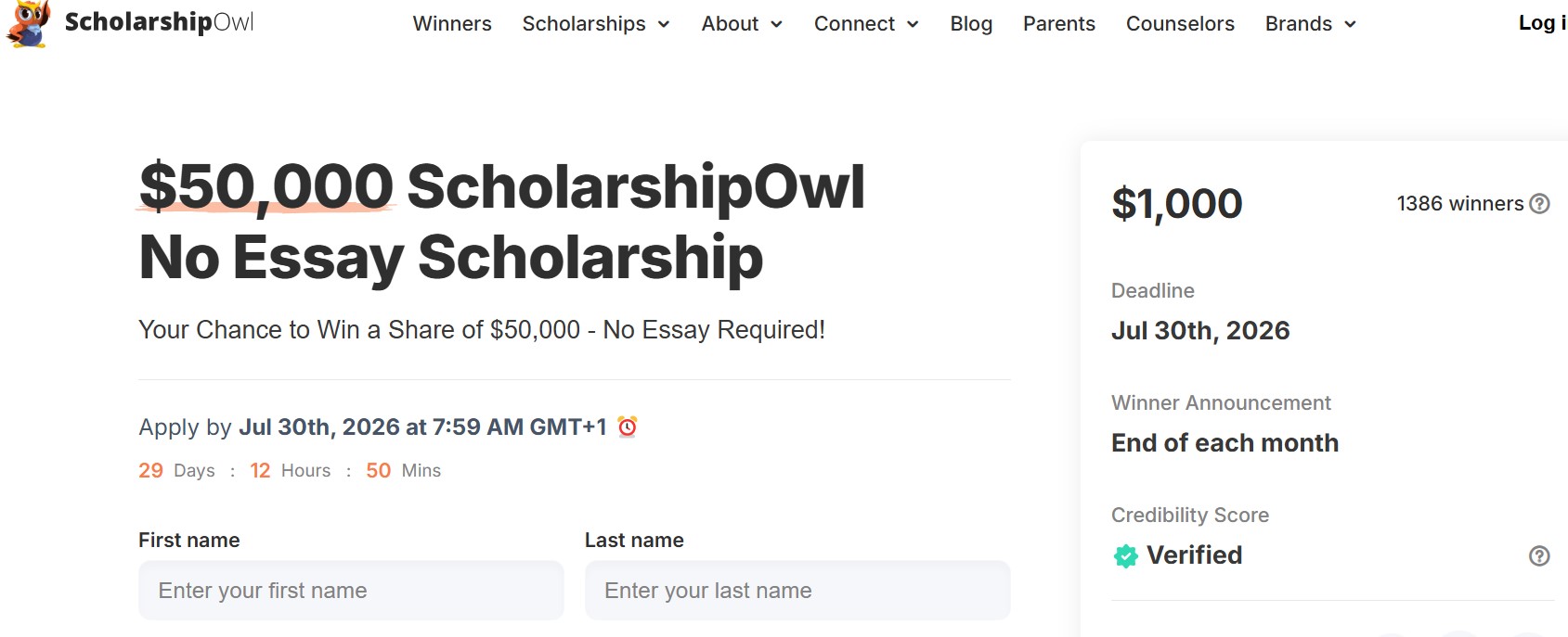 $50,000 ScholarshipOwl No Essay Scholarship 2026 $50,000 ScholarshipOwl No Essay Scholarship 2026