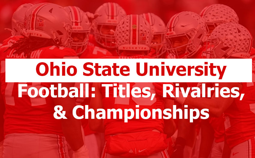 Ohio State University football team entering Ohio Stadium with scarlet uniforms and packed crowd.