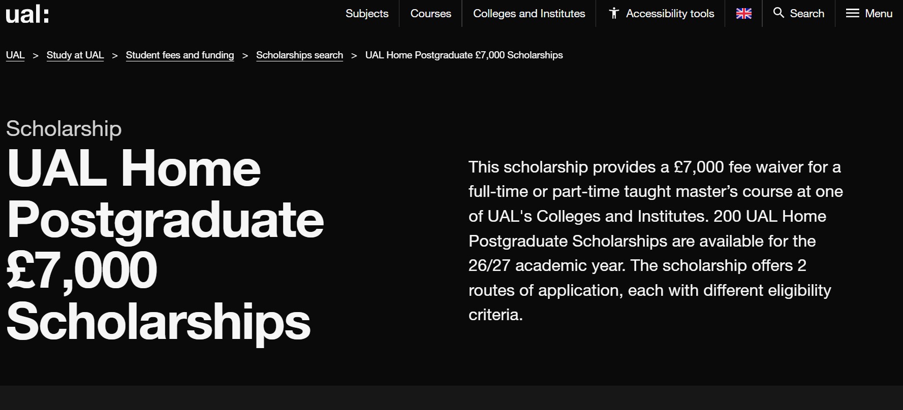 UAL Home Postgraduate £7,000 Scholarships