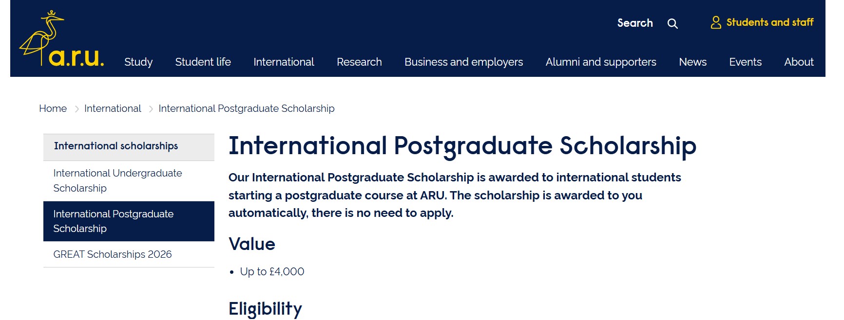 Anglia Ruskin University International Postgraduate Scholarship 2026