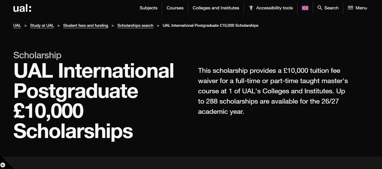 UAL International Postgraduate £10,000 Scholarships 