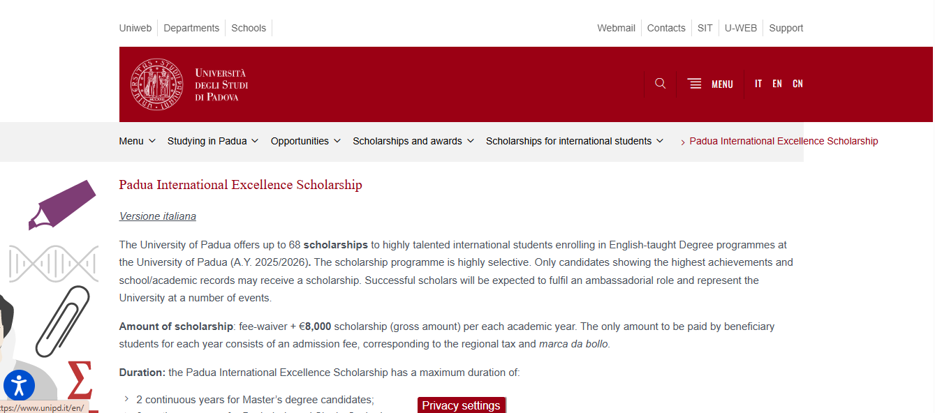 Padua International Excellence Scholarship