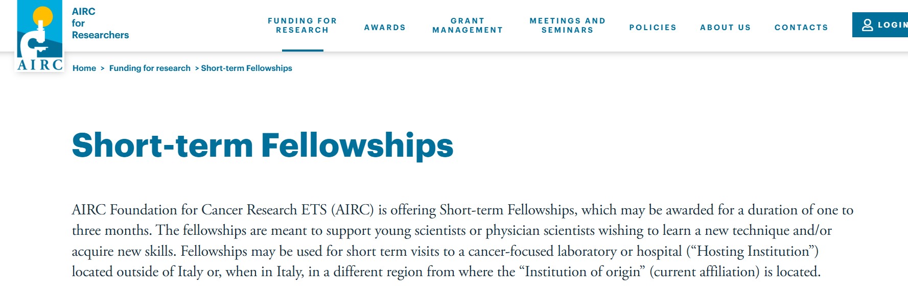 AIRC Short-Term Fellowships 2026