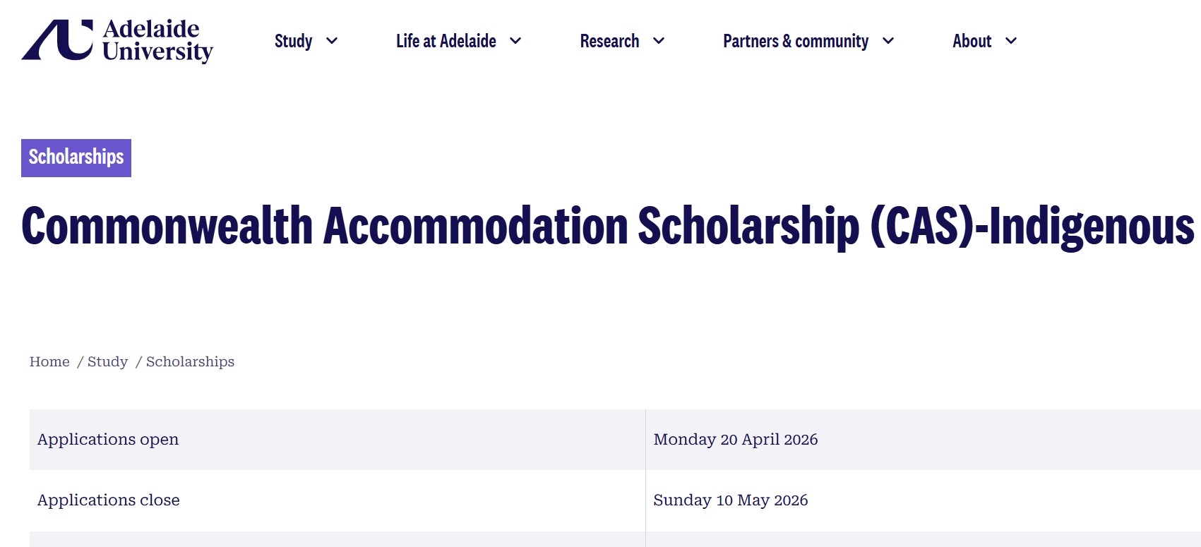 Commonwealth Accommodation Scholarship (CAS) Indigenous 2026 