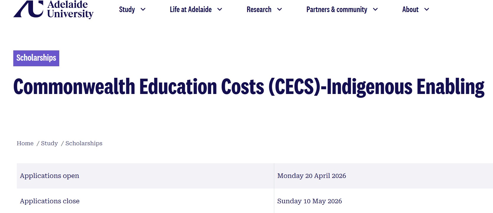 Commonwealth Education Costs (CECS) Indigenous Enabling Scholarship 2026
