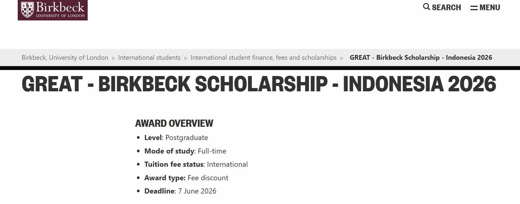 GREAT Birkbeck Scholarship Indonesia 2026 