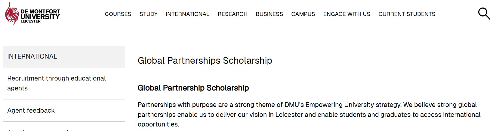 Global Partnerships Scholarship 2026 at De Montfort University (DMU