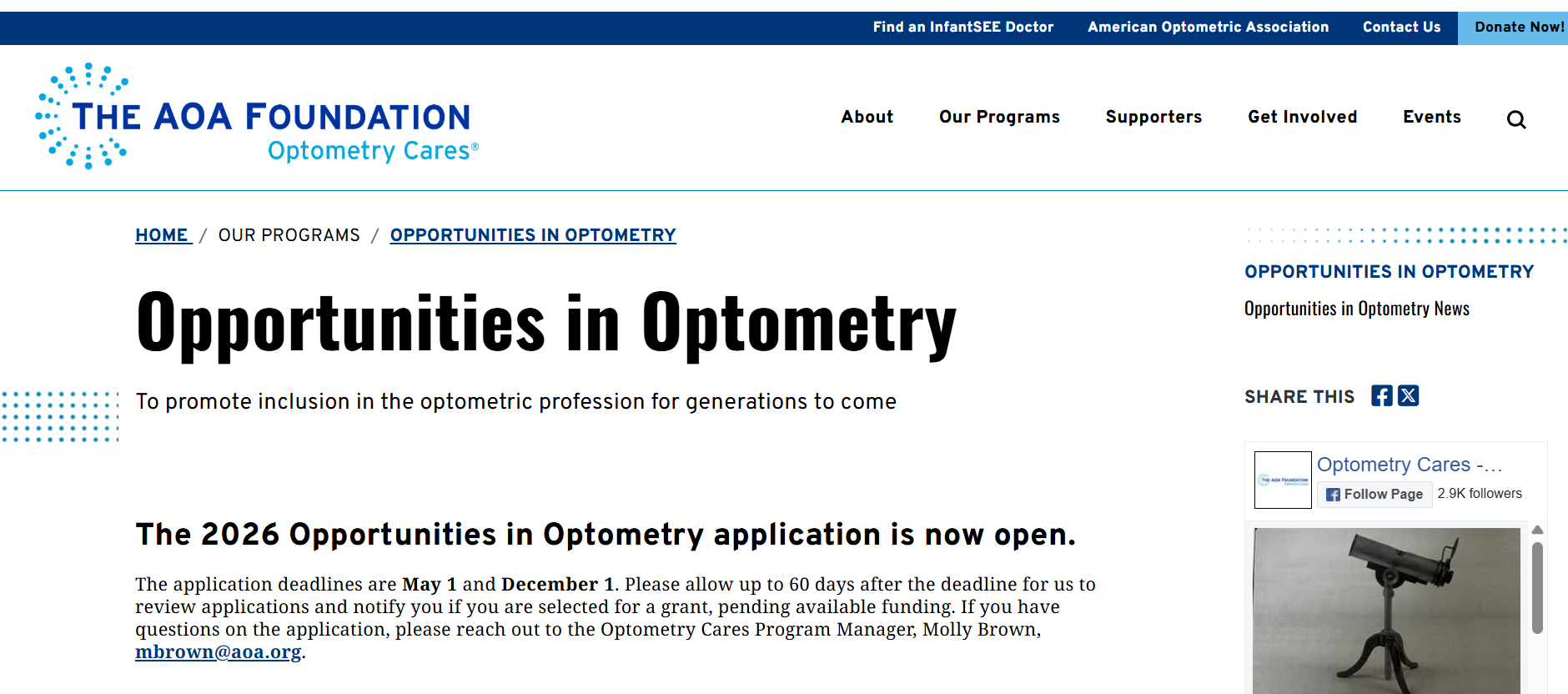 AOA/AOSA Opportunities in Optometry Grants 2026