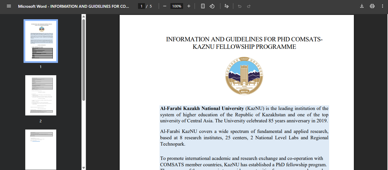 COMSATS KazNU PhD Fellowship 