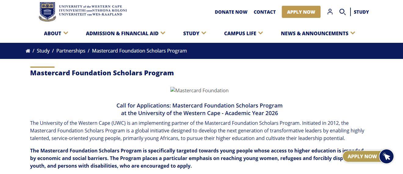 Mastercard Foundation Scholars Program 