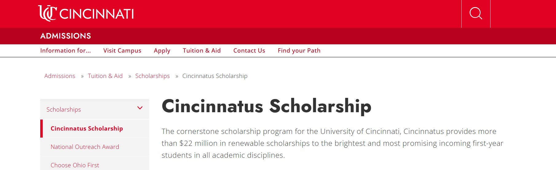 University of Cincinnati Cincinnatus Scholarship 2026