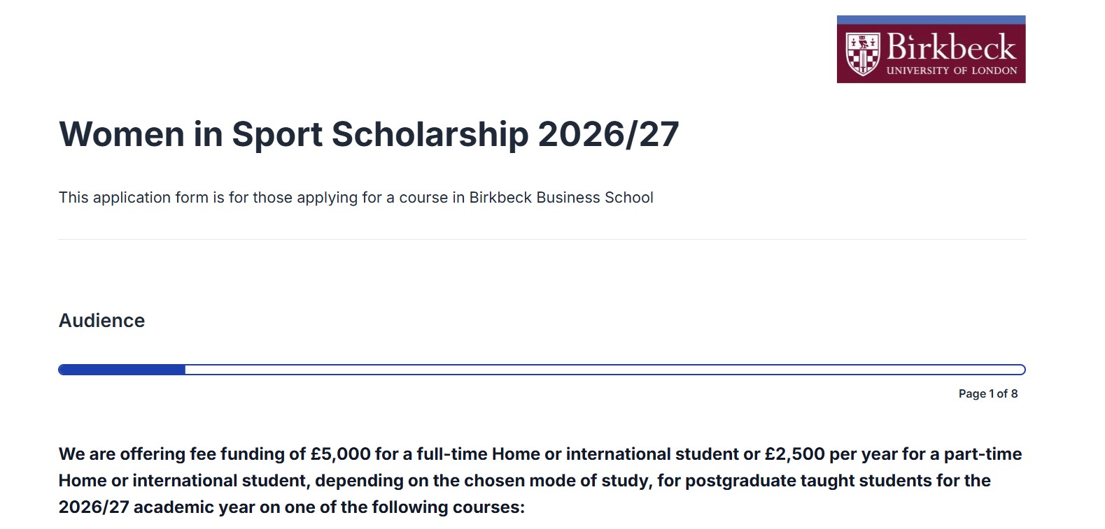 Women in Sport Scholarship 2026 at Birkbeck