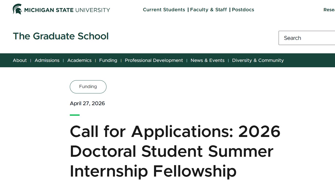 2026 Doctoral Student Summer Internship Fellowship at Michigan State University
