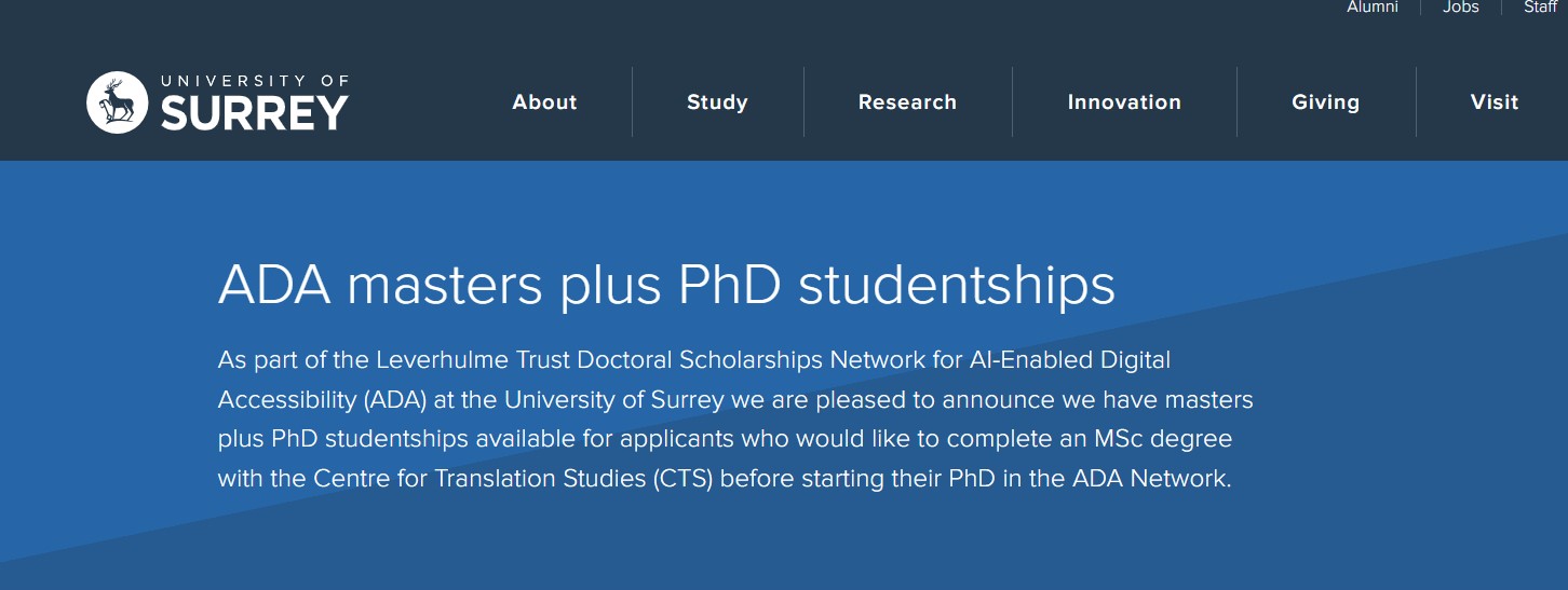 ADA Masters Plus PhD Studentships 2026 at University of Surrey